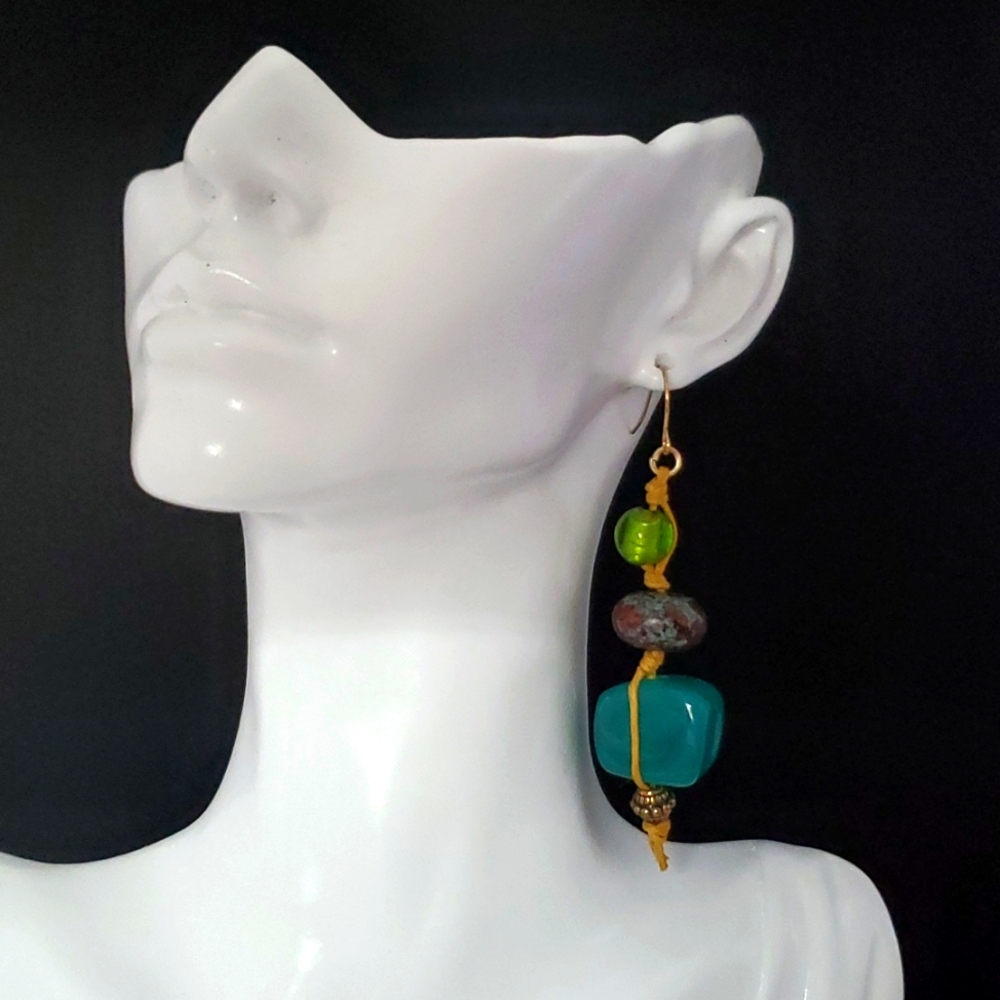 Erica Lyons Stacked Big Bead Dangle Earrings blue green brown NWT!